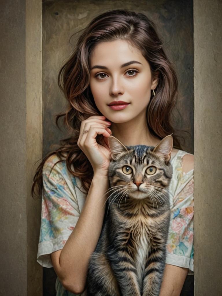 Young Woman with Tabby Cat