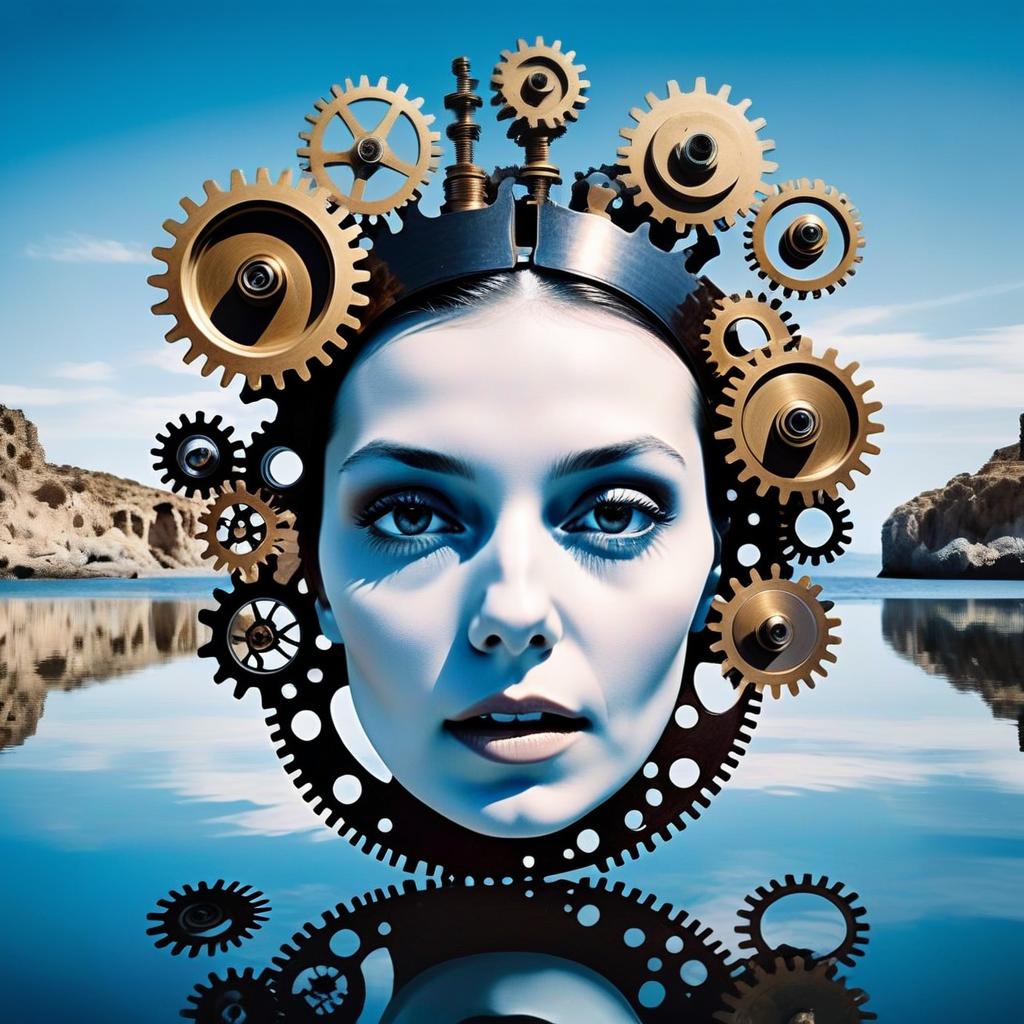 Surreal Woman Portrait with Golden Gears in Serene Waterscape Surreal Woman Portrait with Golden Gears in Serene Waterscape