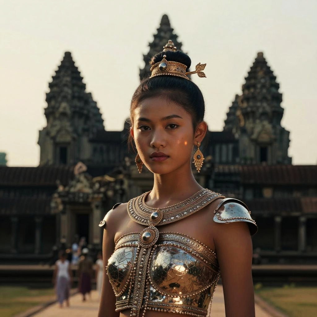 Young Woman In Golden Armor At Angkor Wat Temple