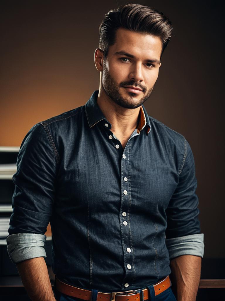 Man in Casual Office Outfit Wearing Denim Shirt Waist Up Photorealistic Portrait