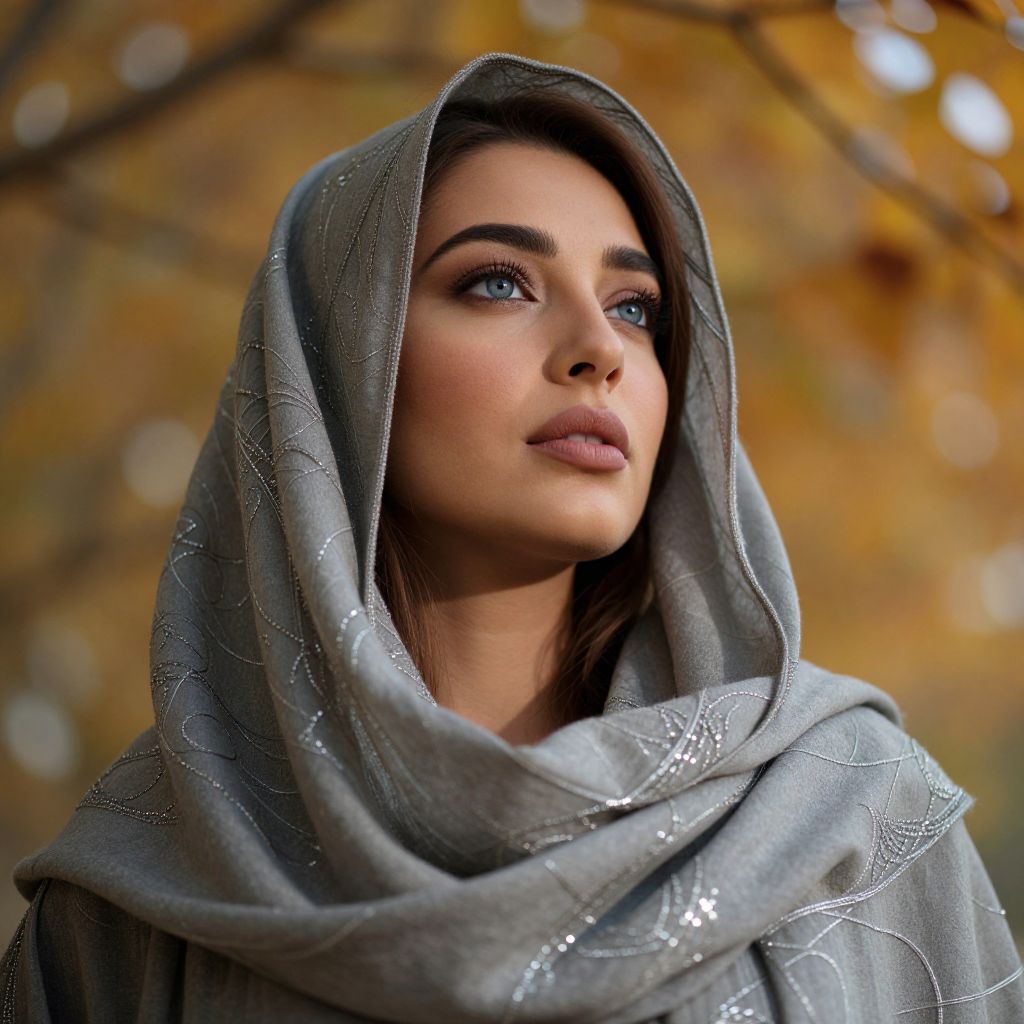 Portrait of Woman in Silver Embroidered Shawl with Autumn Background