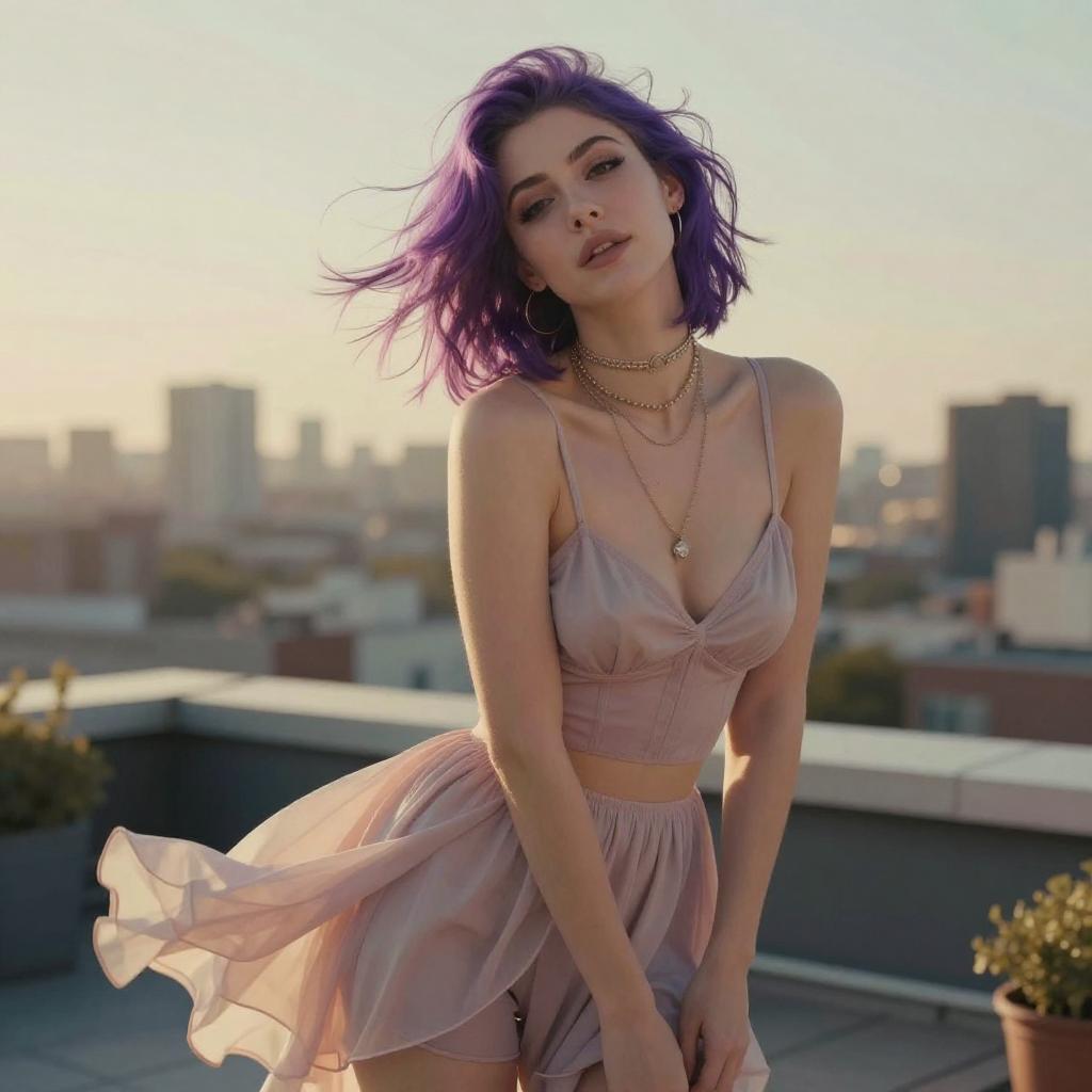 Gen Z Woman with Purple Hair in Pastel Dress on Rooftop at Sunset