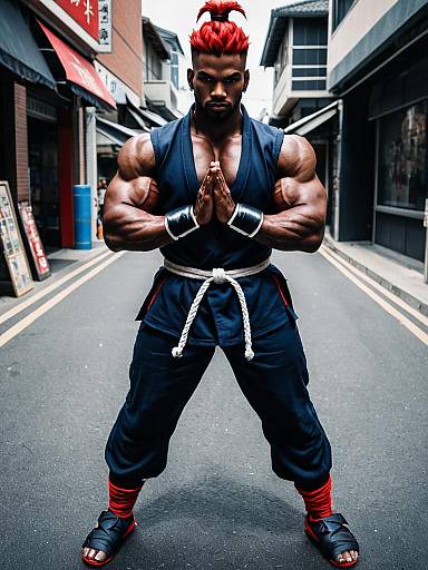 Muscular Man Cosplaying Akuma from Street Fighter in Urban Street Setting
