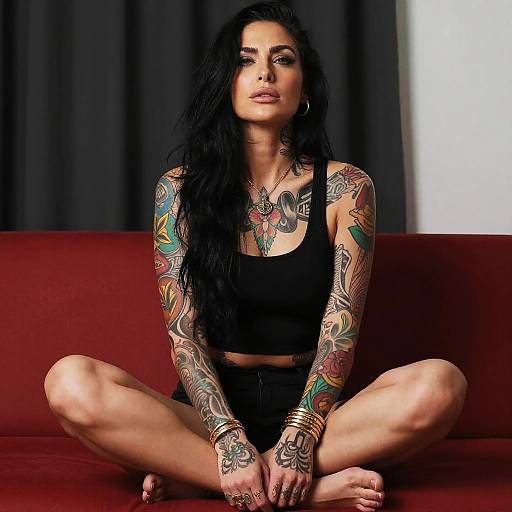 Tattooed Woman Sitting Cross-Legged on Red Couch in Black Outfit