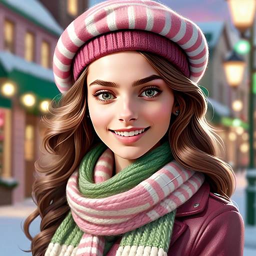 Winter Portrait of Smiling Woman in Pink Beret and Scarf Digital Artwork