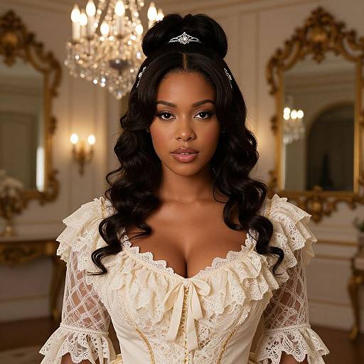 Elegant Woman in Vintage Lace Gown with Jeweled Tiara in Luxurious Room