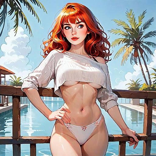 Red-Haired Woman in Bikini by Tropical Poolside Artwork