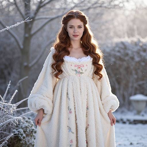 Young Woman in Cozy Sherpa Fleece Gown in Winter Snow