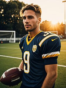 Photorealistic Portrait of Football Player in Stylish Gear Holding Ball on Outdoor Field