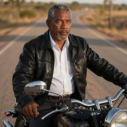 Middle Aged Man Riding Motorcycle on Open Road with Leather Jacket
