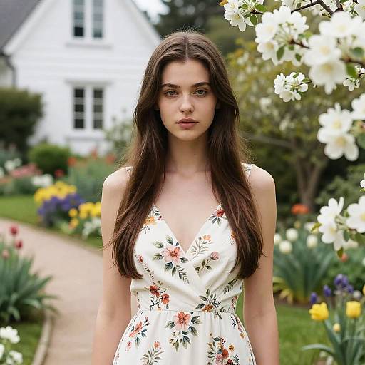 Young Woman in Floral Dress in Beautiful Garden Setting