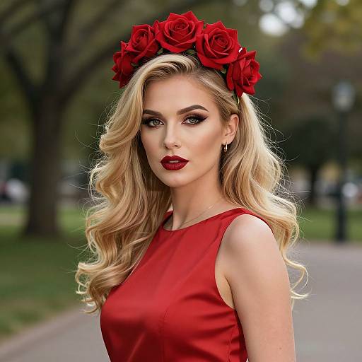Elegant Blonde Woman in Red Dress with Rose Headband Portrait