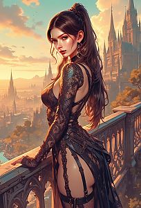 Fantasy Gothic Woman in Intricate Lace Outfit Overlooking Cityscape