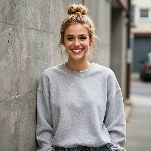 Smiling Gen Z Woman in Casual Grey Sweatshirt with Topknot Hairstyle