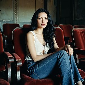 Young Woman Sitting in Vintage Theater with Red Velvet Seats
