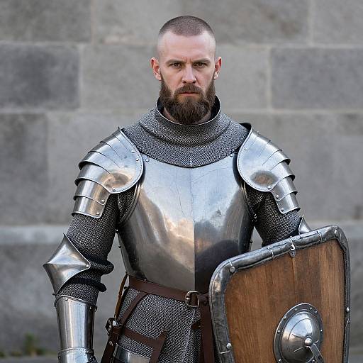 Medieval Knight in Full Armor Holding Shield