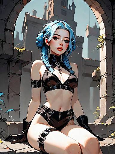Fantasy Digital Art of Woman with Blue Hair in Leather Outfit at Castle Ruins
