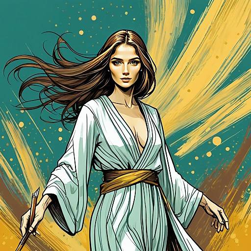 Confident Woman in White Robe Comic Style Illustration