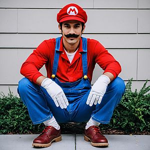 Realistic Mario Cosplay Man in Red and Blue Outfit Crouching Outdoors