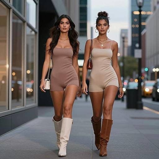 Fashionable Women Walking in Neutral Tone Rompers with Knee-High Boots in Urban Setting