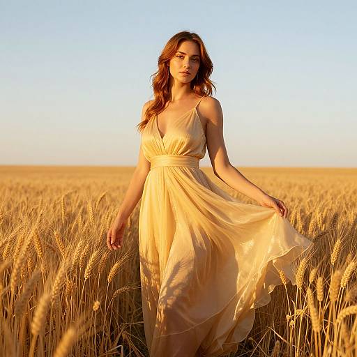 Woman in Flowing Yellow Dress Standing in Golden Wheat Field at Sunset