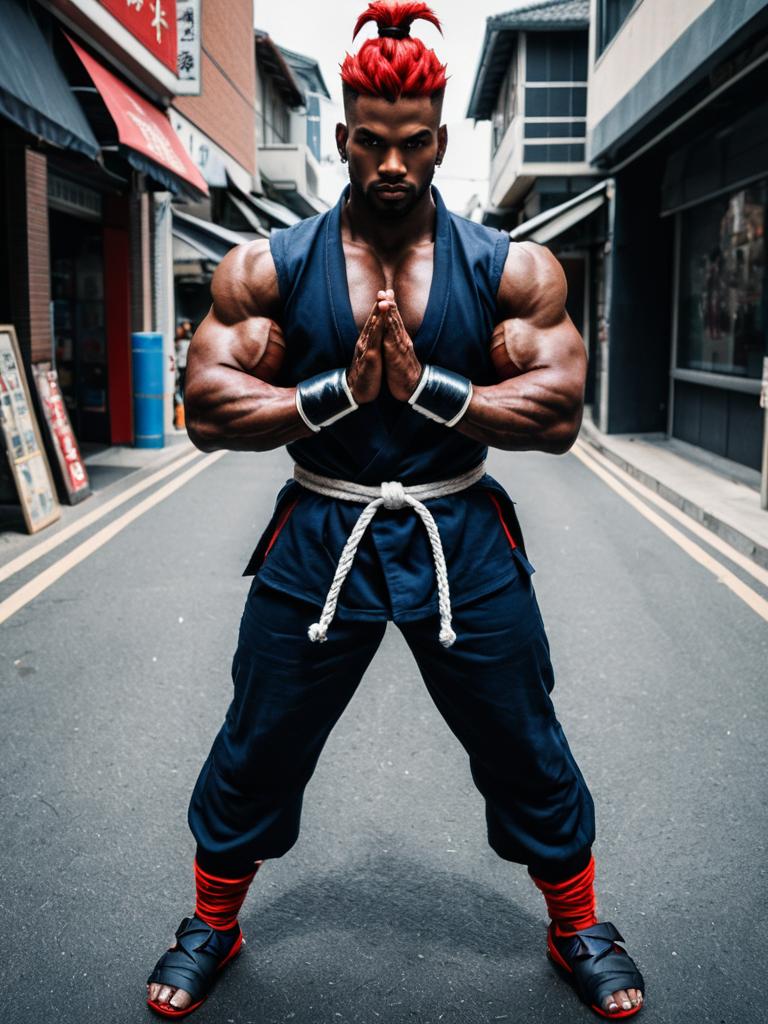 Muscular Man Cosplaying Akuma from Street Fighter in Urban Street Setting