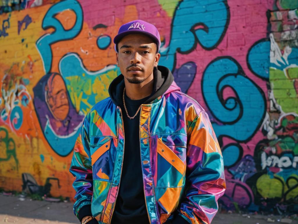 Young man in hip-hop attire before graffiti wall