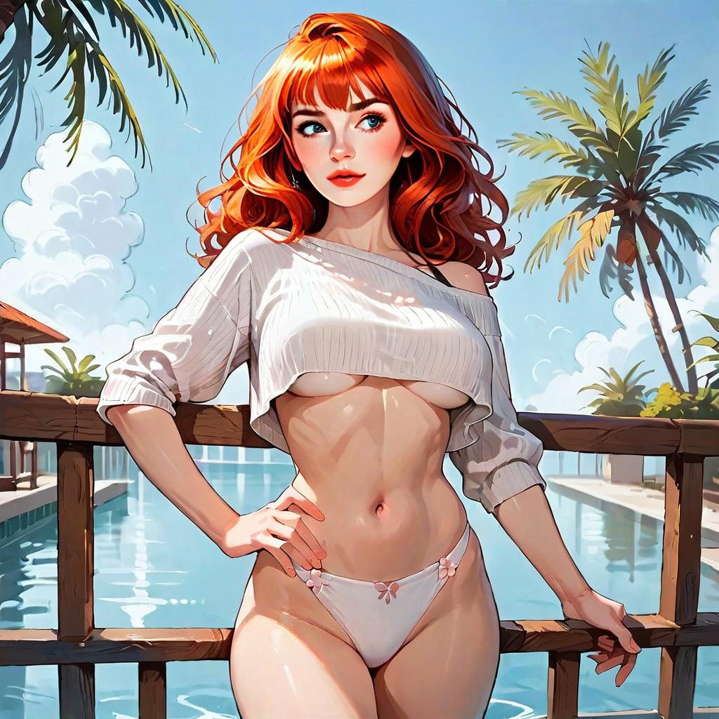 Red-Haired Woman in Bikini by Tropical Poolside Artwork