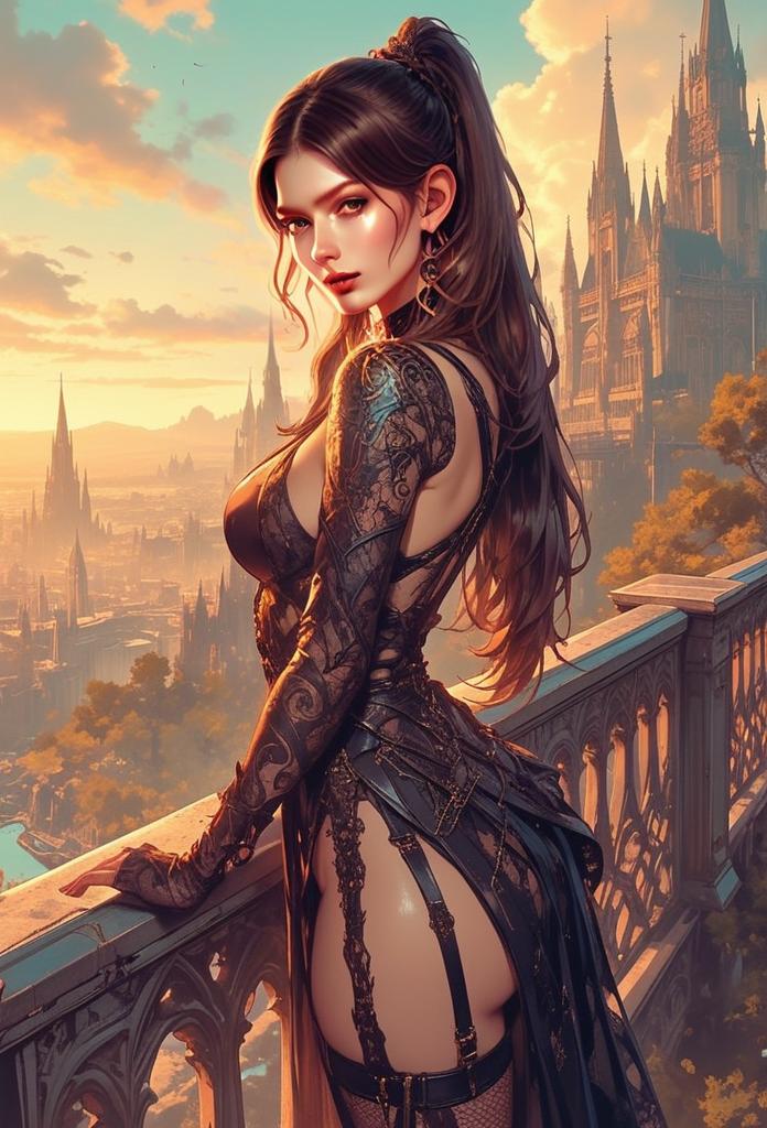 Fantasy Gothic Woman in Intricate Lace Outfit Overlooking Cityscape