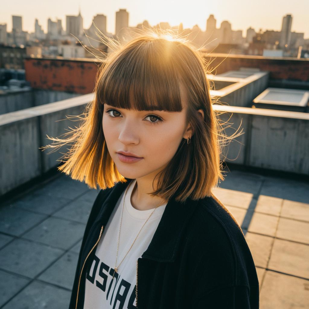 Young Woman Portrait on Urban Rooftop at Sunset with Golden Hour Light