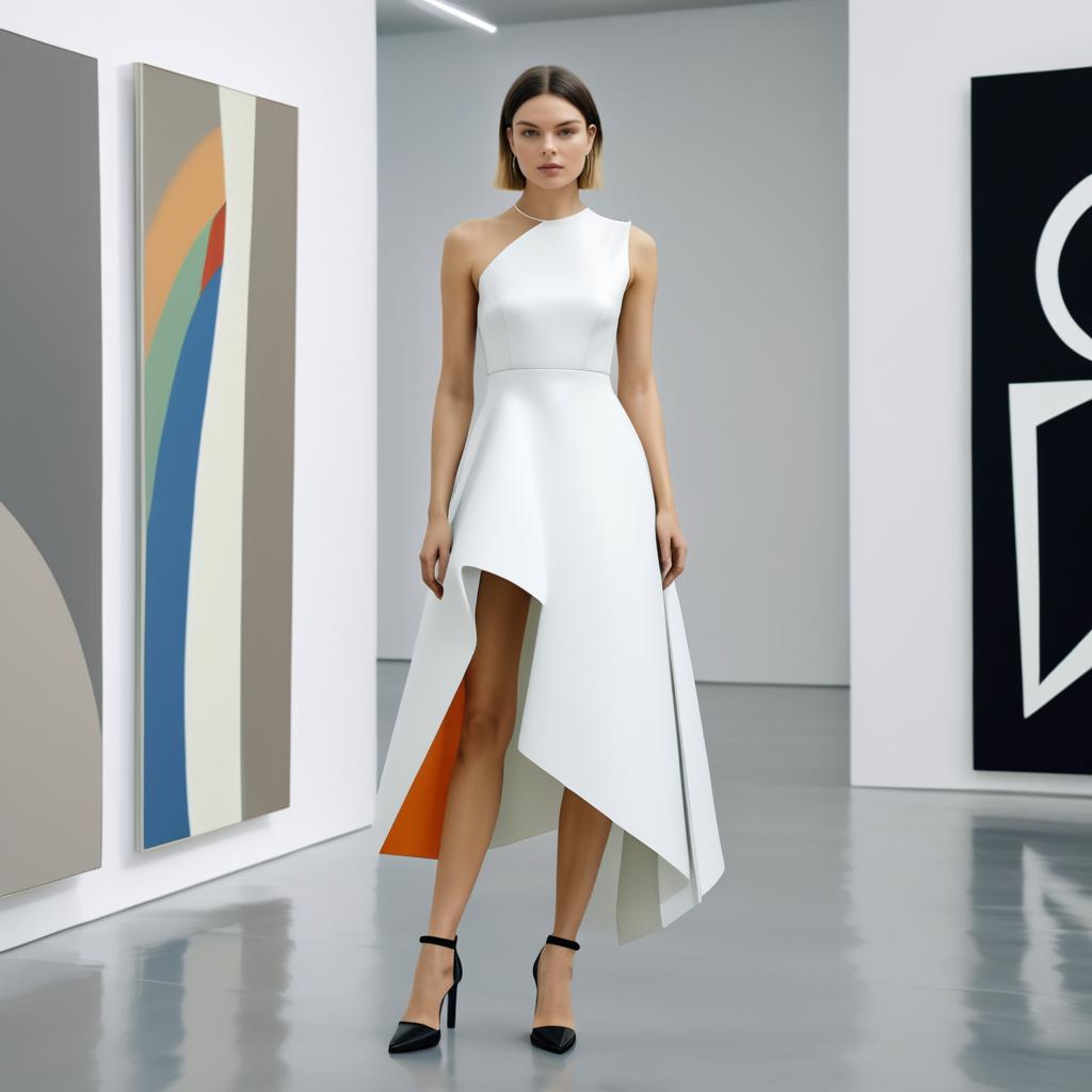 Stylish Woman in White Dress at Art Gallery