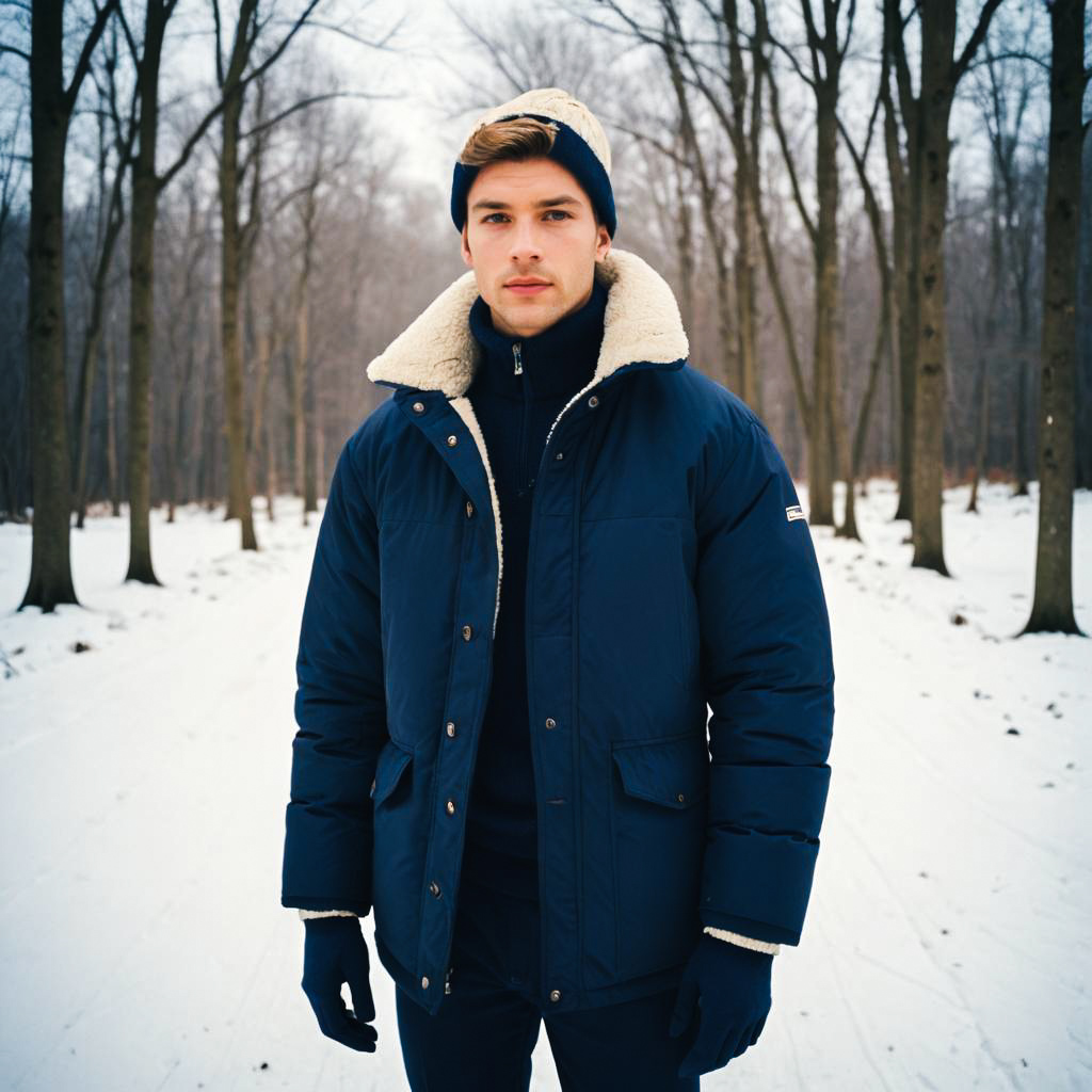 Young Man in Navy Jacket in Snowy Forest