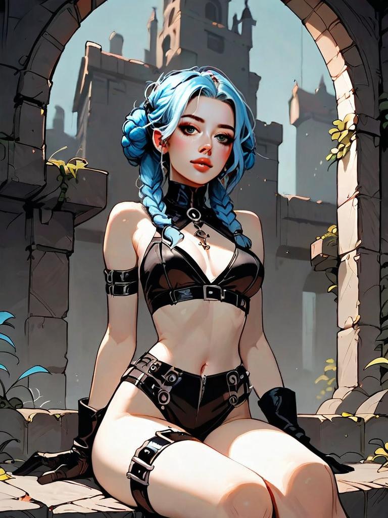 Fantasy Digital Art of Woman with Blue Hair in Leather Outfit at Castle Ruins