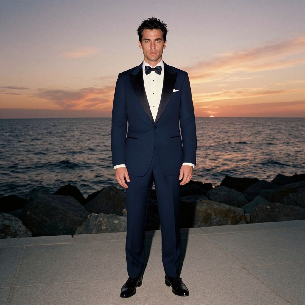 Man in Navy Blue Tuxedo Standing by Ocean Sunset Pier