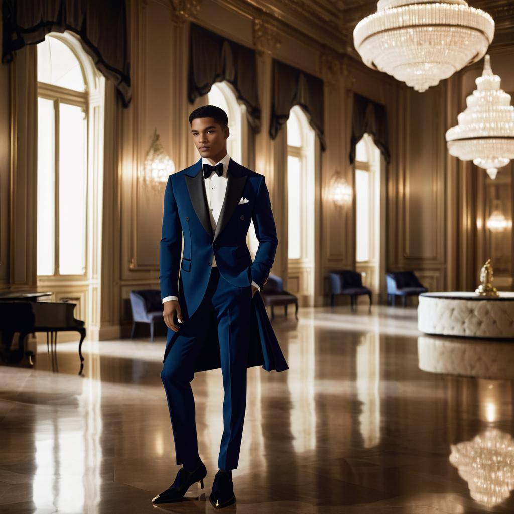 Elegant Man in Blue Tuxedo at Luxury Ballroom