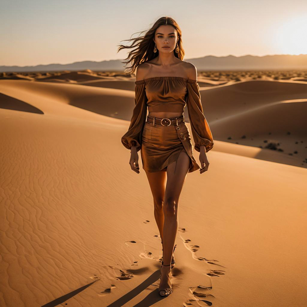 Woman Walking in Golden Desert Sand Dunes at Sunset