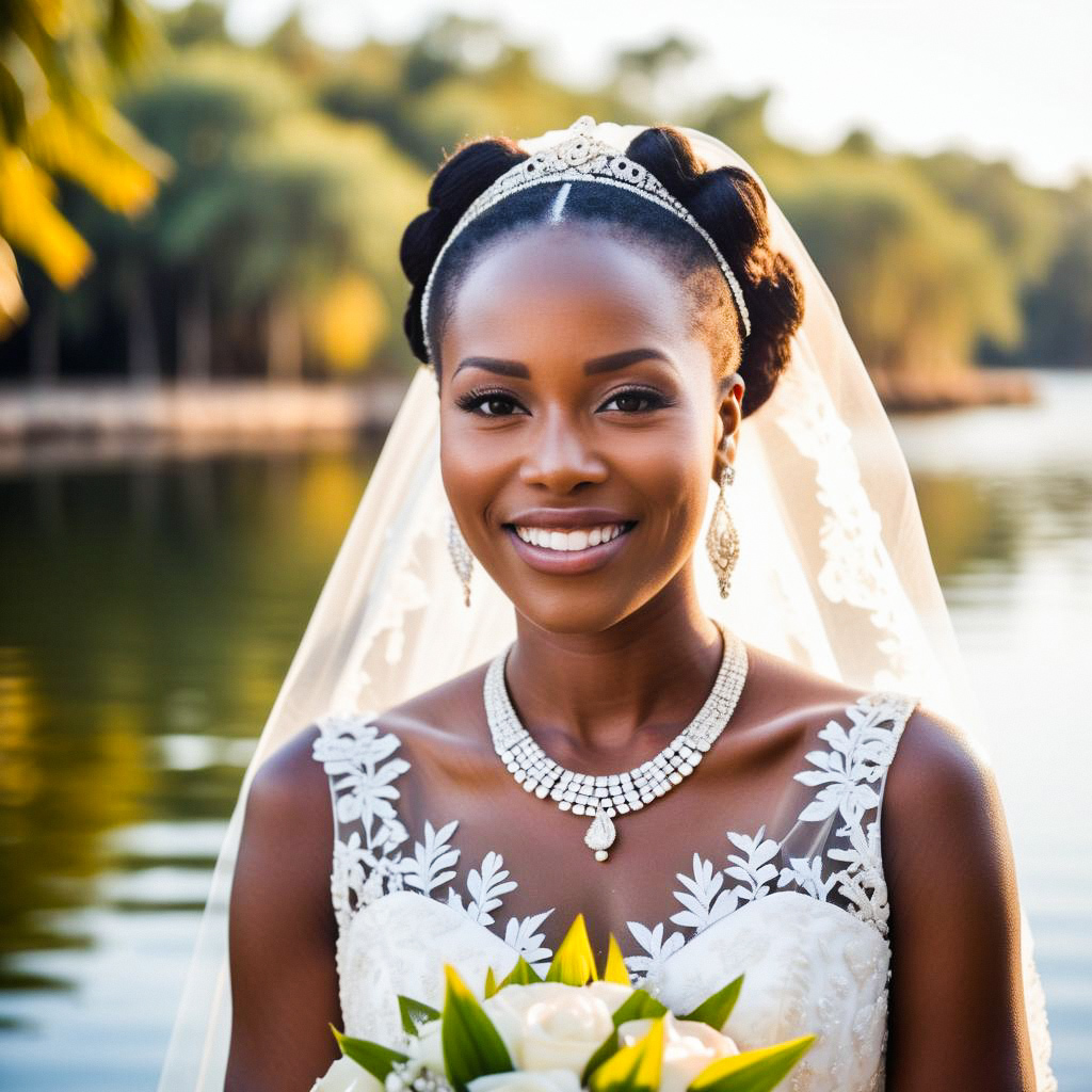 Radiant Bride by Serene Lake in Elegant Wedding Gown