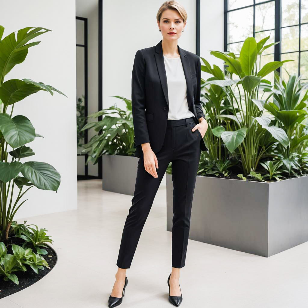 Confident Woman in Stylish Black Suit Surrounded by Green Plants