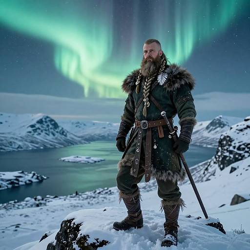 Viking Warrior in Snowy Landscape Under Northern Lights