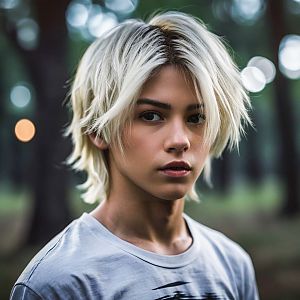 Young Man with Platinum Blonde Hair Outdoors