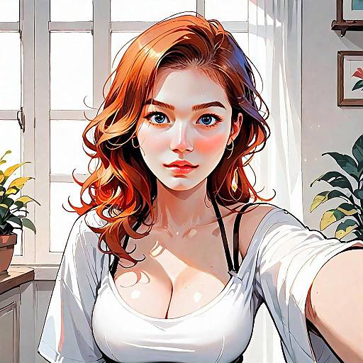 Digital Anime Illustration of Red-Haired Woman in Sunlit Room