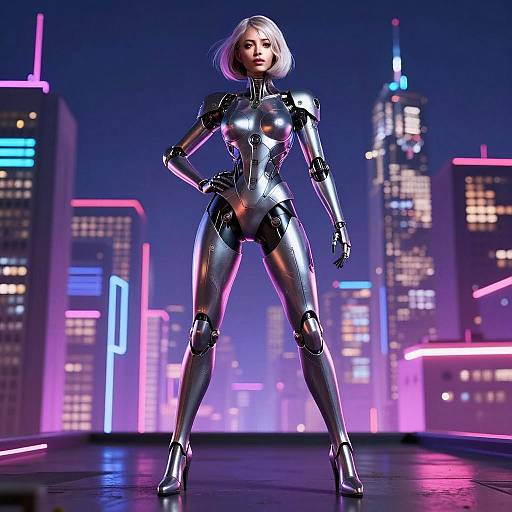 Futuristic Female Cyborg on Neon Cyberpunk Rooftop with Cityscape