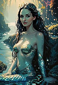 Hyper-Realistic Fantasy Mermaid Woman in Luminous Water Cave Illustration