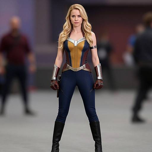 Confident Woman in Sleek Superhero Costume Standing Strong