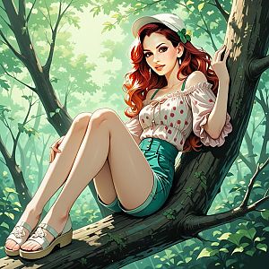Young Woman with Red Hair on Tree Branch