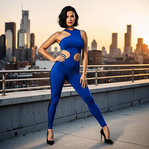 Confident Woman in Blue Cut-Out Jumpsuit on Rooftop with City Skyline