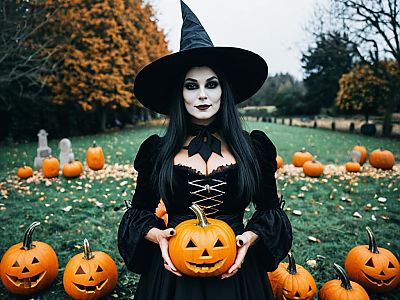 Halloween Witch Woman in Black Costume Holding Jack-o'-Lantern Outdoors