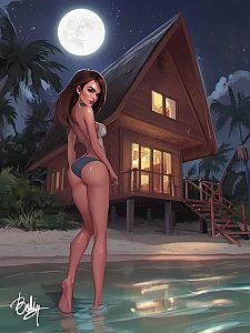 Woman in Water by Beach Cabin under Full Moon