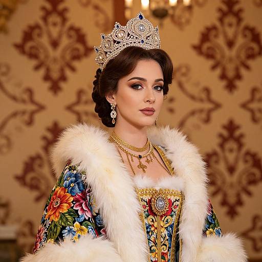 Regal Woman in Ornate Floral Embroidered Gown and Jeweled Crown