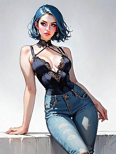 Stylish Woman in Black Lace Bodysuit and Ripped Jeans - Realistic Comic Art